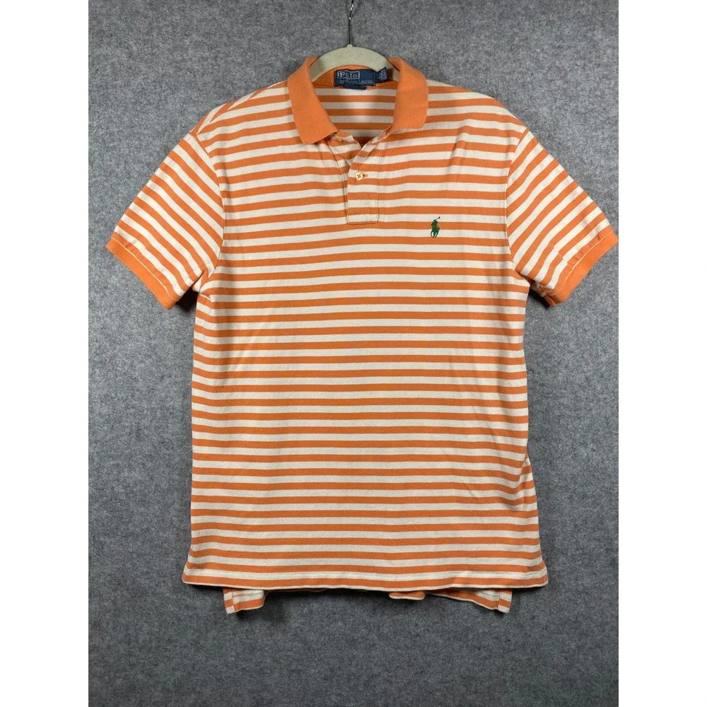 Polo Ralph Lauren Mens Custom Fit Orange White Striped Polo Shirt Large Cotton
